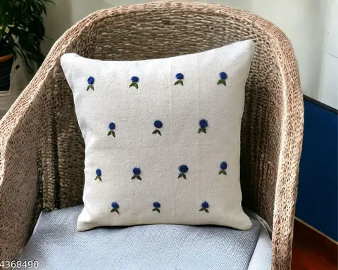 Cotton Hand Embroidered Armonia Cushion Cover - Blue 16"x16"