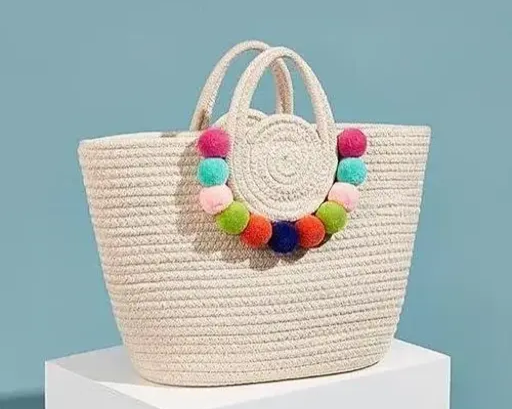 Cotton Rope Boho Pom-Pom Tote Bag