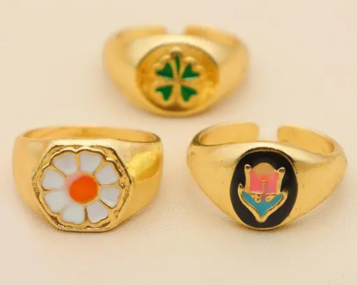 Trendy Flower Enameled 3Pcs Signet Ring Set