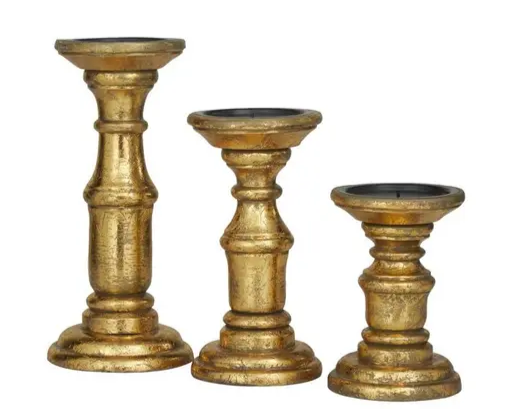 Golden Rustic Mango Wood Candle Holders - Set of 3