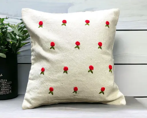 Cotton Hand Embroidered Cushion Cover - Red 16"x16"