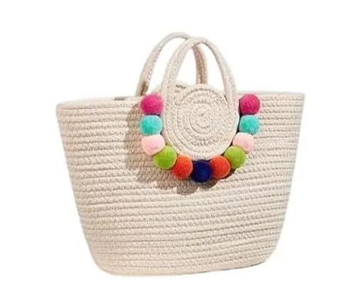 Cotton Rope Boho Pom-Pom Tote Bag