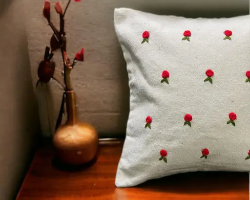 Cotton Hand Embroidered Cushion Cover - Red 16"x16"